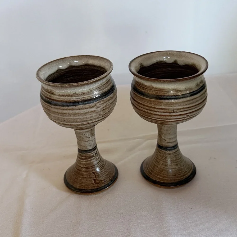Studio Pottery Handmade Wine Goblet Earthy Muted Tones  Set Of 2 MCM Gift